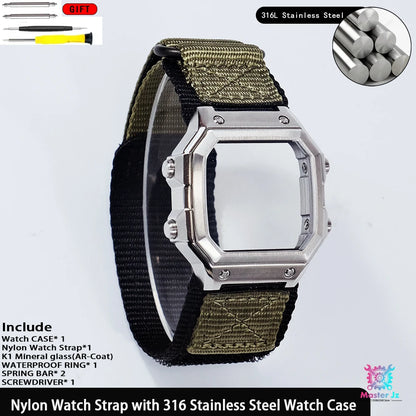 Nylon Strap For Casio AE1200 Square Watch 18mm Quick Release Breathable Sport Band With 316 Stainless Steel Case Waterproof Ring