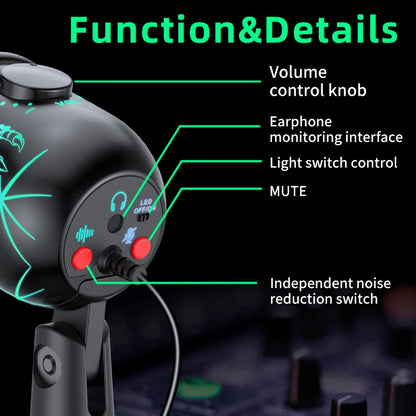 Gaming Microphone USB Microphone for PC Condenser Podcast Mic for Studio Recording with Headphone Jack, Led, Noise Cancellation