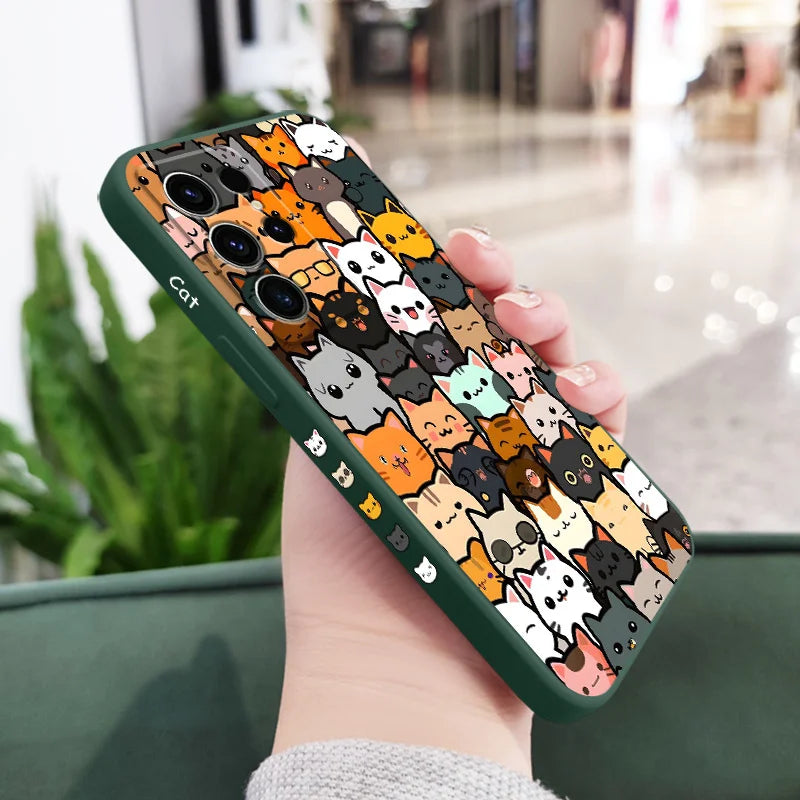 Cute Cat Drawing Phone Case For Samsung Galaxy S25 S24 S23 S22 S21 S20 Ultra FE S10 S10E Plus Note 20 Ultra Silicone Cover