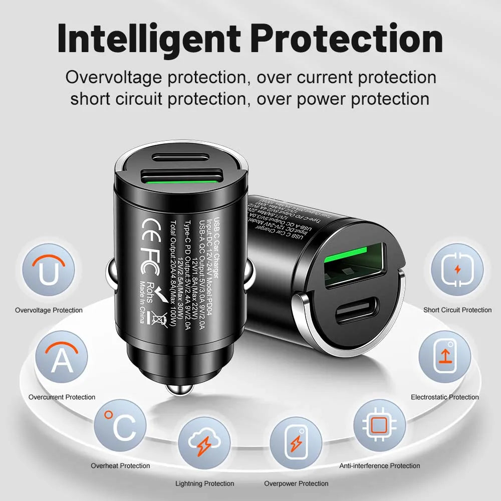 Mini 100W PD QC Pull Ring Fast Charging Car Charger USB C Car Phone Charger Adapter For iPhone Xiaomi Samsung Huawei