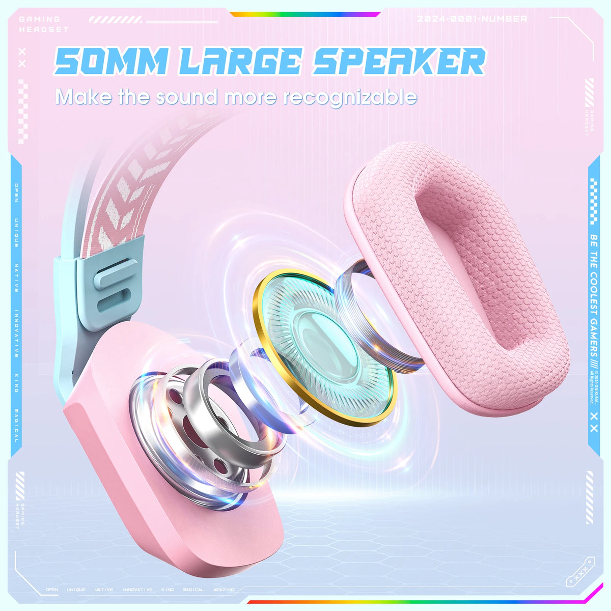 ONIKUMA X13  Over-Ear Headphones Gaming Headset Wired Cancelling Earphones Pink Cat Ears Rgb Light With Mic For PC PS4