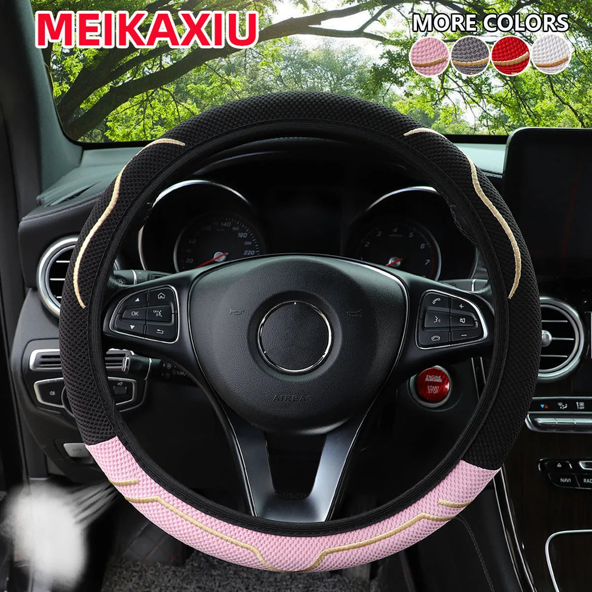 Universal Fit Cute Ice Silk Cat Ears Steering Wheel Cover 15-Inch Ventilated Design No Inner Ring Car Interior Accessory