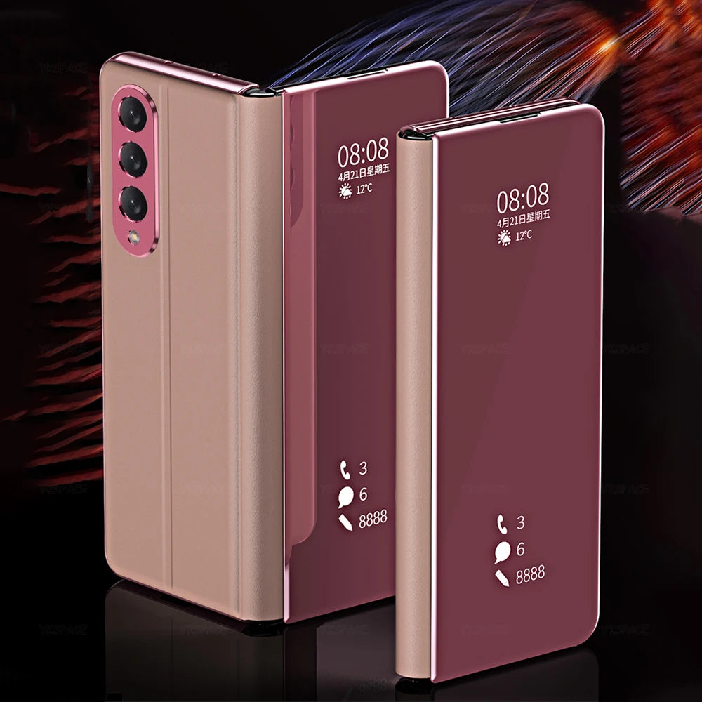 6 Colors Mirror Clear View Stand Flip Case For Samsung Galaxy Z Fold 2 3 4 5 6 7 8 Ultra Full Cover Folding Plathing Phone Cover