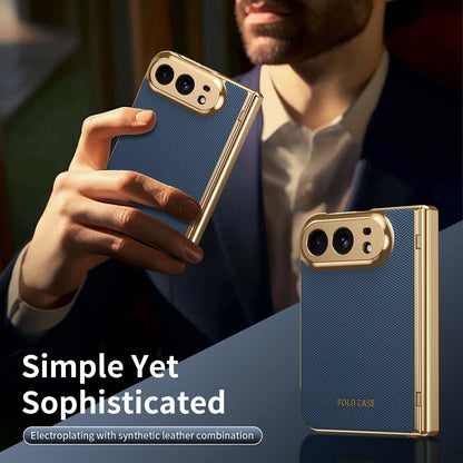 KEYSION Luxuxy PU Leather Fold Phone Case for iPhone Duo Plating Hard PC Shockproof Back Cover With Hinge+HD Screen Protector