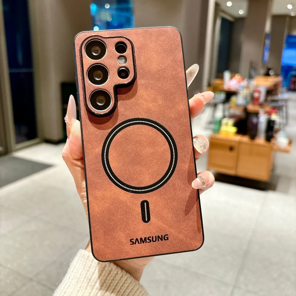 Lambskin Leather for Magsafe Shockproof Case Samsung S25 S24 S26 Ultra S22 S23 Plus S21 FE Sheepskin Camera Protector Soft Cover