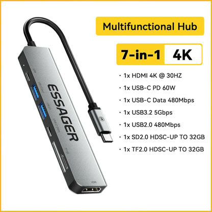 Essager 7 In 1 USB C Hub PD60W Fast Charging Splitter HDMI-Compatible High Speed Splitter 5Gbps for PC USB 3.2 Gen1 2.0 Ports