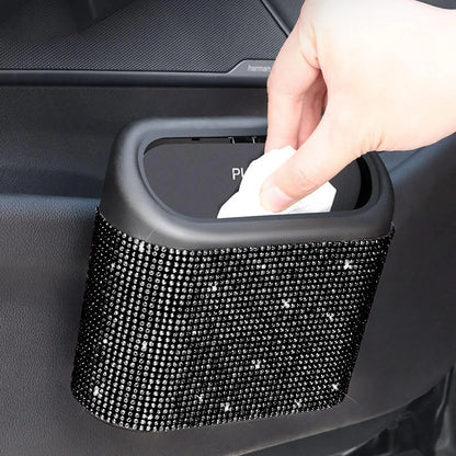 Artificial Rhinestone-Embellished Car Trash Can with 60 Dedicated Trash Bags, Car Interior Hanging Storage Box with Automatic Lid, Multifunctional Car Accessory