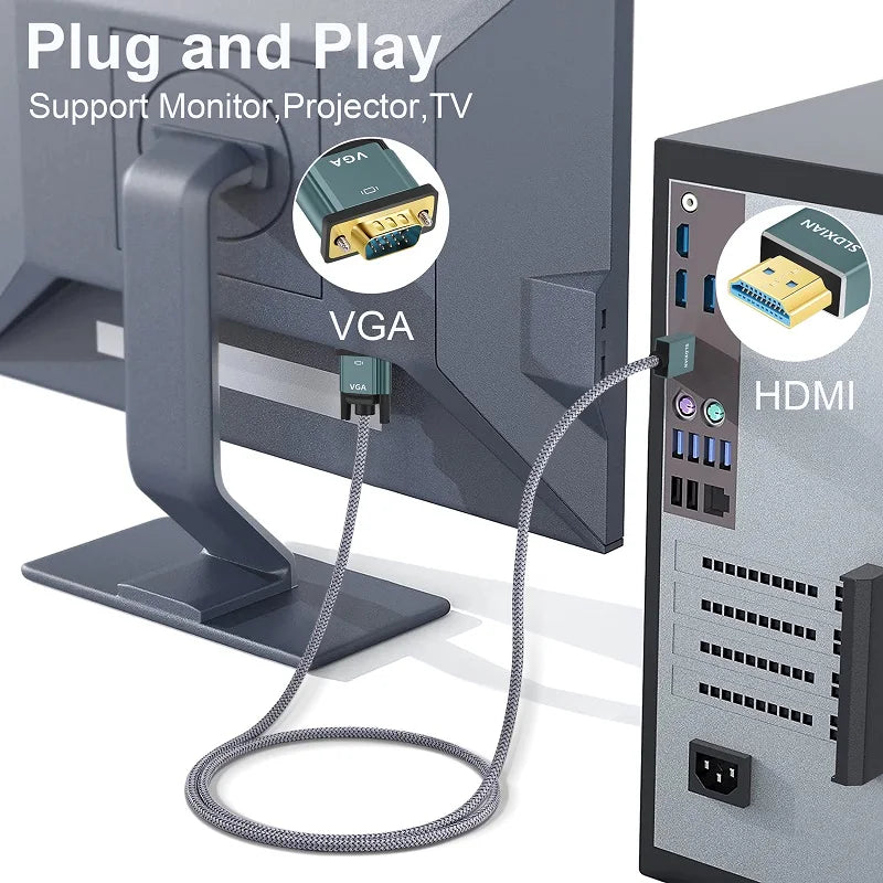 SHULIANCABLE HDMI to VGA Cable, Aluminum Alloy Shell, Nylon Braided Gold-Plated, Compatible with Computers, Laptops, Projectors