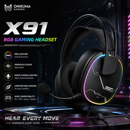 ONIKUMA X91 Wired Gaming Headset RGB 50MM Driver Surround Sound Noise Cancelling Mic Ergonomic Headphones For PC PS4 PS5 Switch