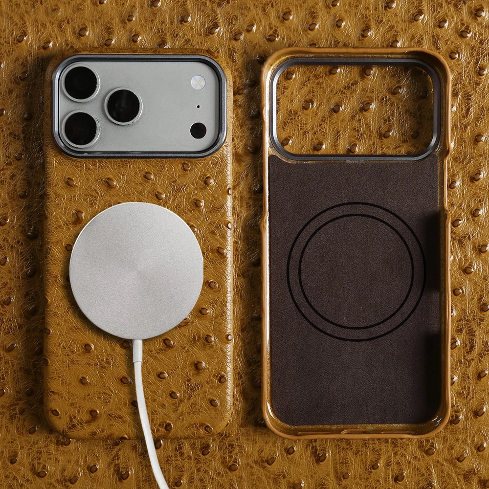 For Magsafe Ostrich Genuine Leather Case For iphone 17 Air 16 15 14 13 Pro Max Back Cover Cases 17Pro 16Pro 15Pro Max Coque Capa