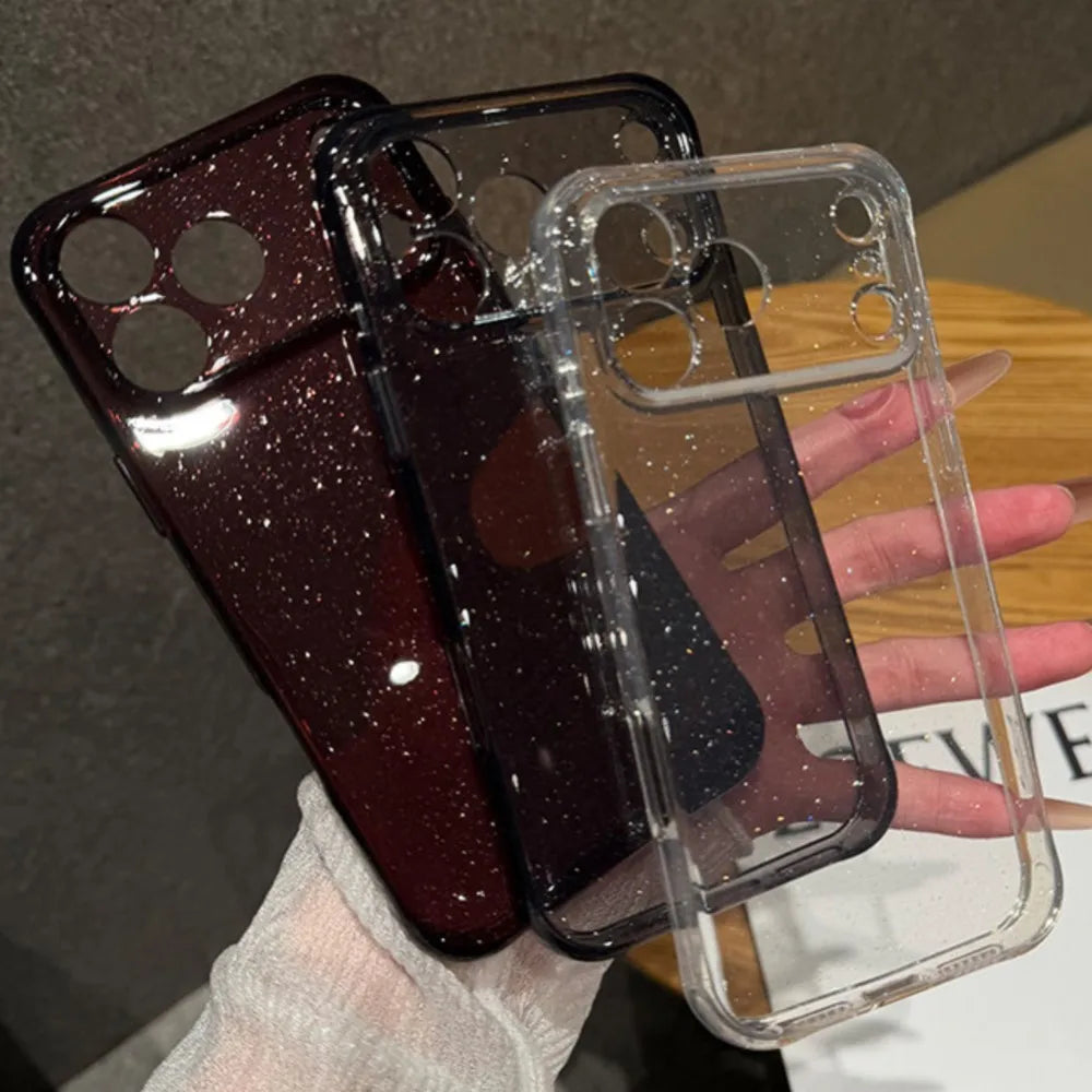 Bling Glitter PC TPU Hybrid Case for Apple iPhone 18 17 16 15 Pro Max Hard Clear Transparent Lens Protection Soft Bumper Cover