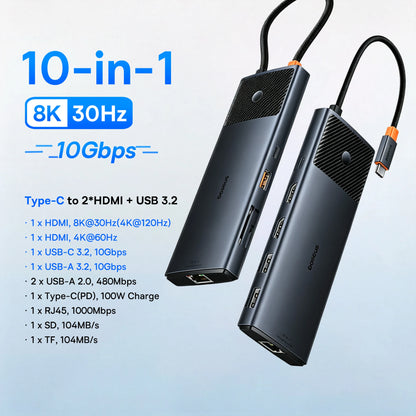 Baseus 13-in-1 USB C HUB to 2*HDMI 1*DP 4K@60Hz 1*VGA Quadruple Display USB 3.2 Adapter with RJ45 SD TF 3.5mm PD 100W Type C Hub