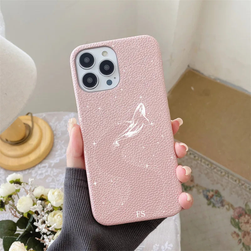 Personalised Letters Pebble Grain Leather Stars Whale Casesfor iphone 17 12 14 13 15 16 Pro Max 17 air 14Plus Luxury Hard Covers