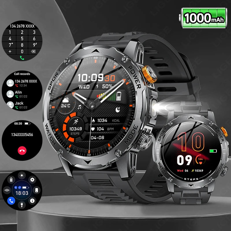 LIGE New Military Outdoor Sport Smart Watch Men Flashlight IP68 Waterproof 1.7" HD Wireless Call Smartwatch 1000mAh Big Battery