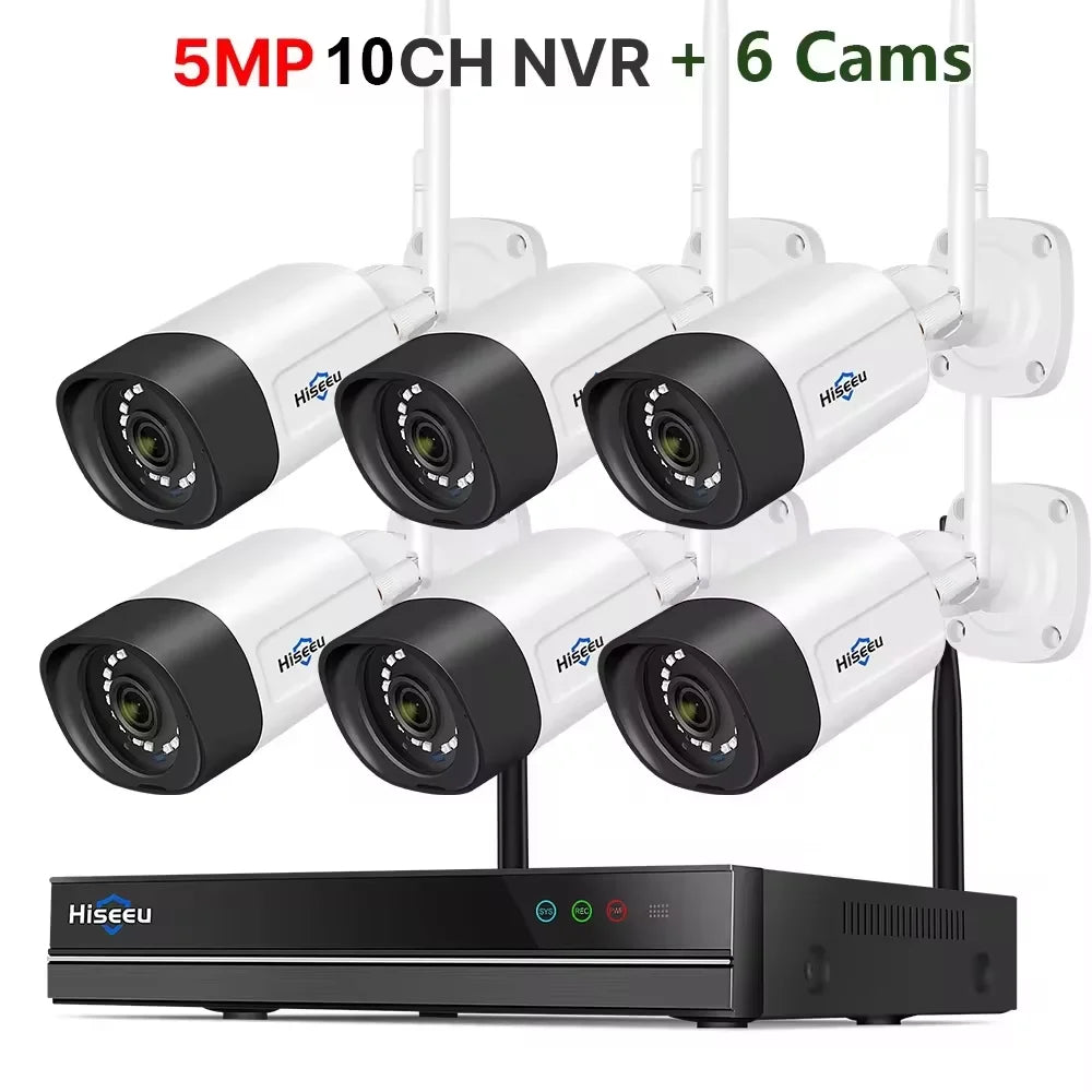 Hiseeu 5MP Wifi Surveillance Camera System Color Night Vision P2P Wireless Street Security CCTV Camera Kit 10CH Wireless NVR Set