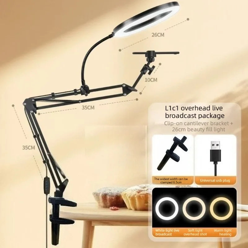 Mobile Phone Live-streaming Stand with Desktop and Bedside Fill Light for Nail Art and Food Live-streaming Photography