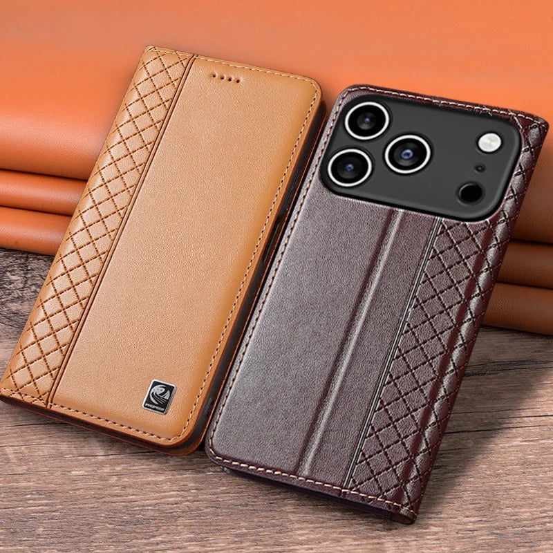 Flip Case For APPLE iPhone 17 17Pro Air Pro Max Genuine Leather Magnetic Cover Luxury Cowhide Grid Pattern Wallet Cases Covers