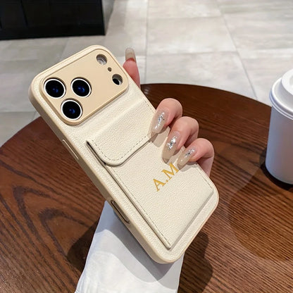 Custom Initials Name Letter Card Bag Leather Case For iPhone 17 16 15 14 13 12 11 Pro Max Air Card Slot Holder Shockproof Cover