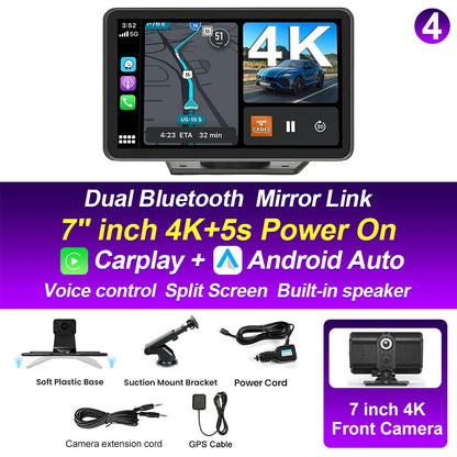 XIMA 7 inch Dash Cam 4K Car DVR Wireless Carplay Android Auto GPS Navigation Video Recorder Dashboard Dual Lens Reversing