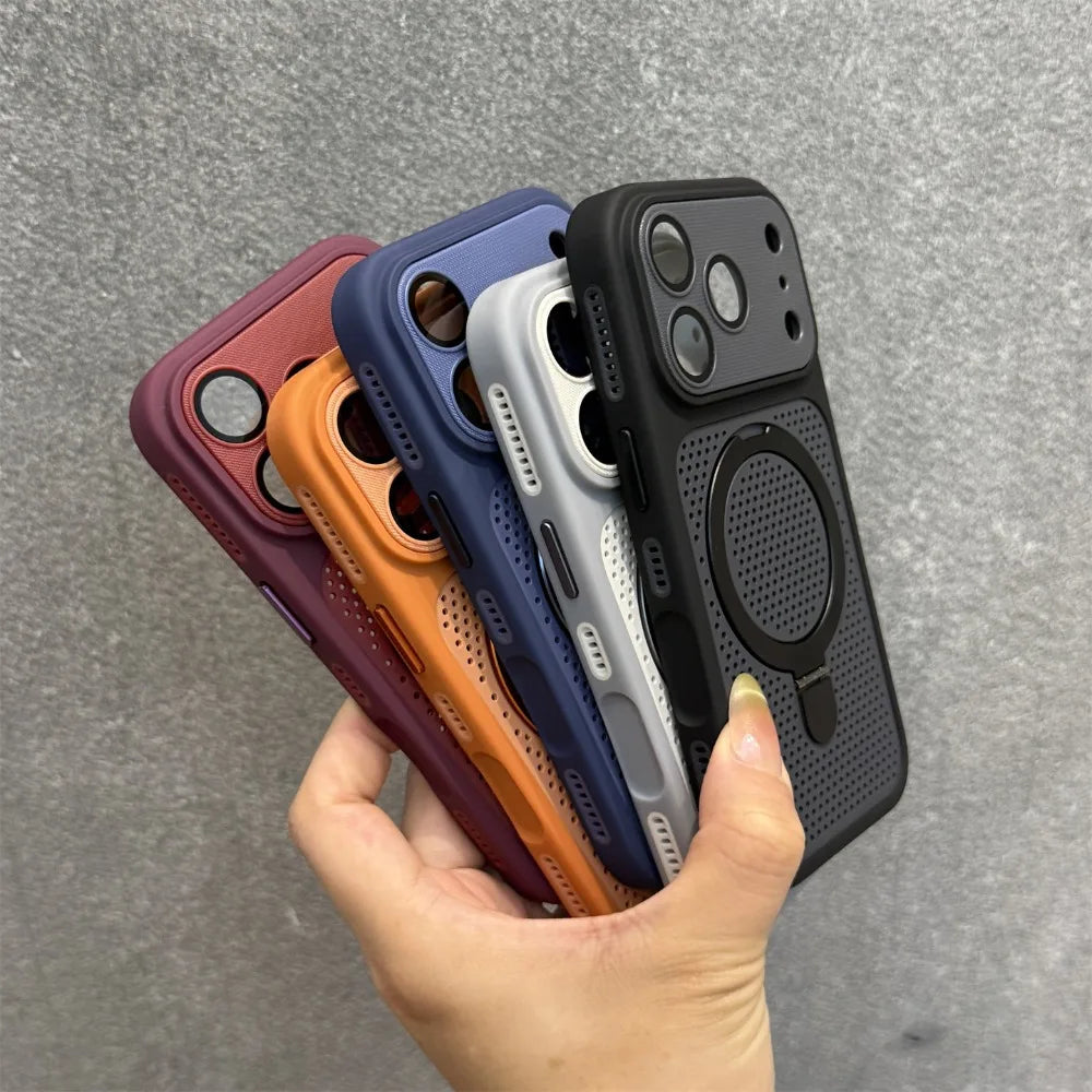 Cooling Heat Dissipation Stand Holder Case For iPhone 17 Pro Max 16 Pro 15 14 13 12 Invisible Bracket Magnetic Matte Hard Cover