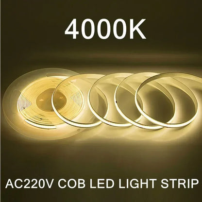 AC220V COB LED Strip Light Flexible Tape Lights Smart IC No Need Driver High Bright 240 LEDs Linear Lighting RA95 Warm White 5m