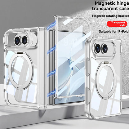 For iPhone Duo Fold Transparent Stand Phone Case with Magnetic Hinge Protection Compatible Film Integrated Design