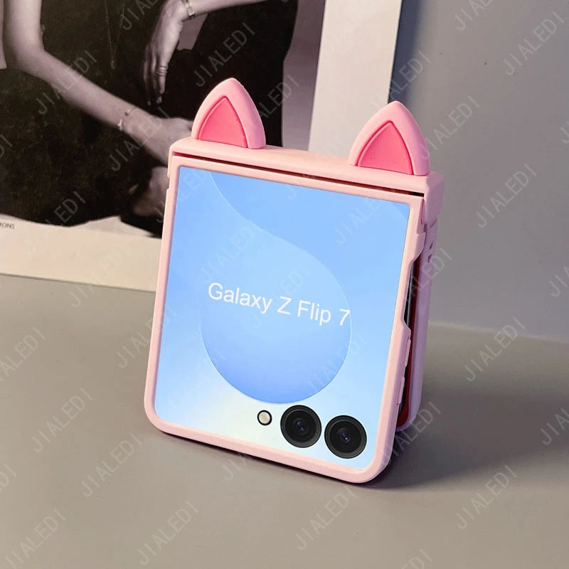 Cute Cat Ears Hinge Phone Case For Samsung Galaxy Z Flip 8 7 6 5 4 3 flip6 zflip7 ZFlip 8 Cover