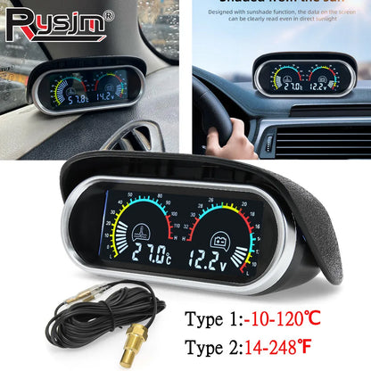 12V/24V 2 IN 1 Car Truck LCD Gauge Water Temperature Gauges +Voltmeter With 1/8 NPT Temp Sensor Water Temp Meter for Auto Cars