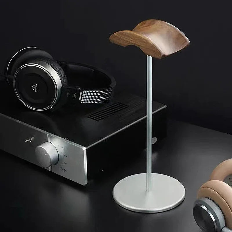 Black Walnut Wood & Aluminum Headphone Stand Nature Walnut Gaming Headset Holder with Solid Metal Base for Table Desk Display