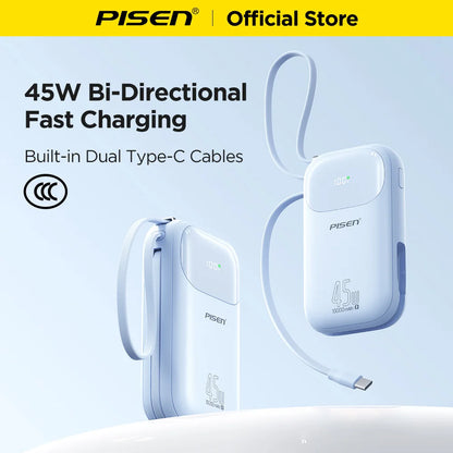 PISEN 45W Fast Charging CCC Power Bank Built-in Dual USB-C Cable 10000mAh/ 20000mAh Mini Portable Powerbank For iPhone 17 Xiaomi