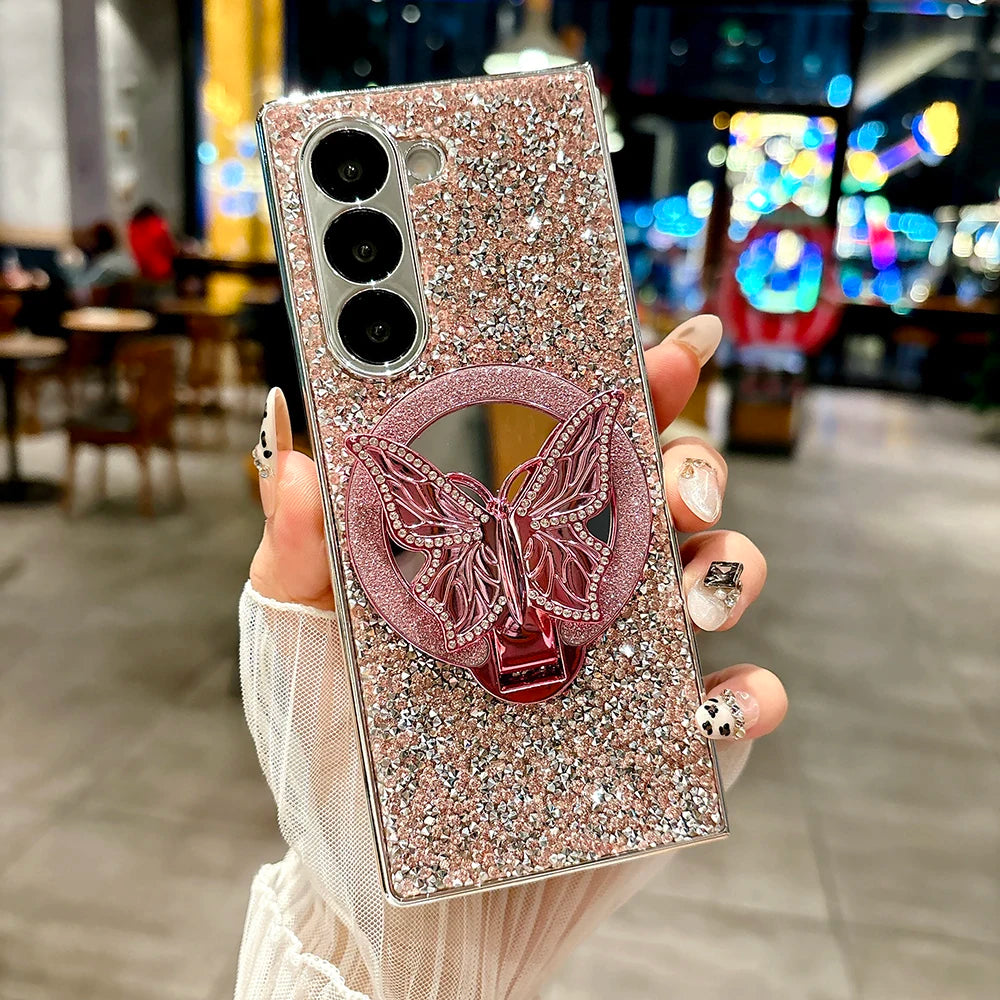 Luxury Hard PC Electroplated Frame Phone Cover for Samsung Galaxy Z Fold 7 6 5 4 8 Ultra Case with Butterfly Bracket