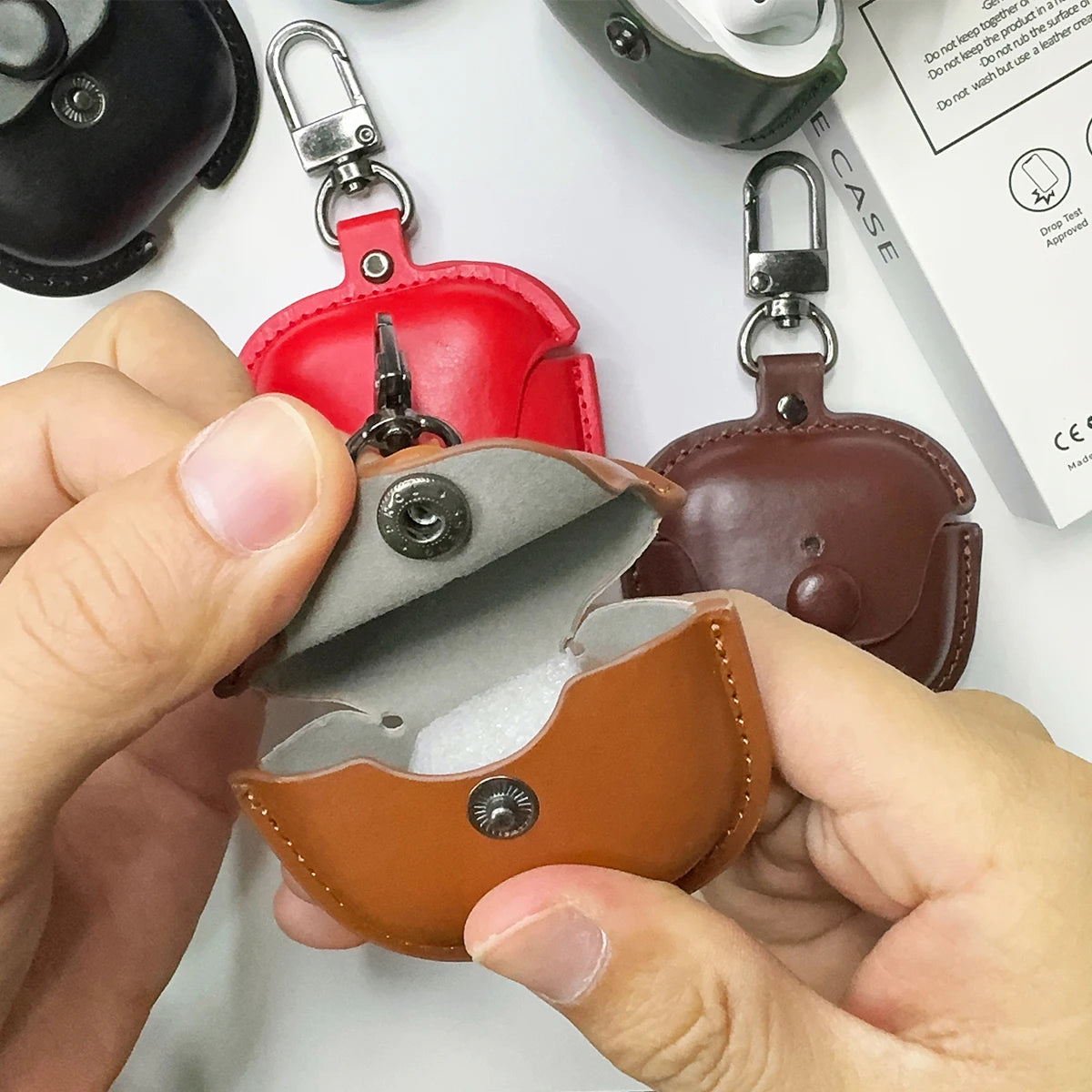 PU Leather Protective Case for AirPods 4 with Keychain Classic Business Retro Button Earbuds Cover Shockproof