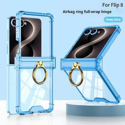Luxury Airbag Hinge Protection Ring Holder Phone Case For Samsung Galaxy Z Flip 8 7 6 5 Z Flip7 FE Flip 8 Clear Shockproof Cover