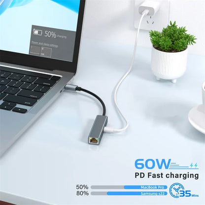 2 in 1 USB Type C to RJ45 USB-C Converter HUB PD 60W Fast Charging Type-C Network Card Lan Gigabit Adapter Cable For PC Notebook