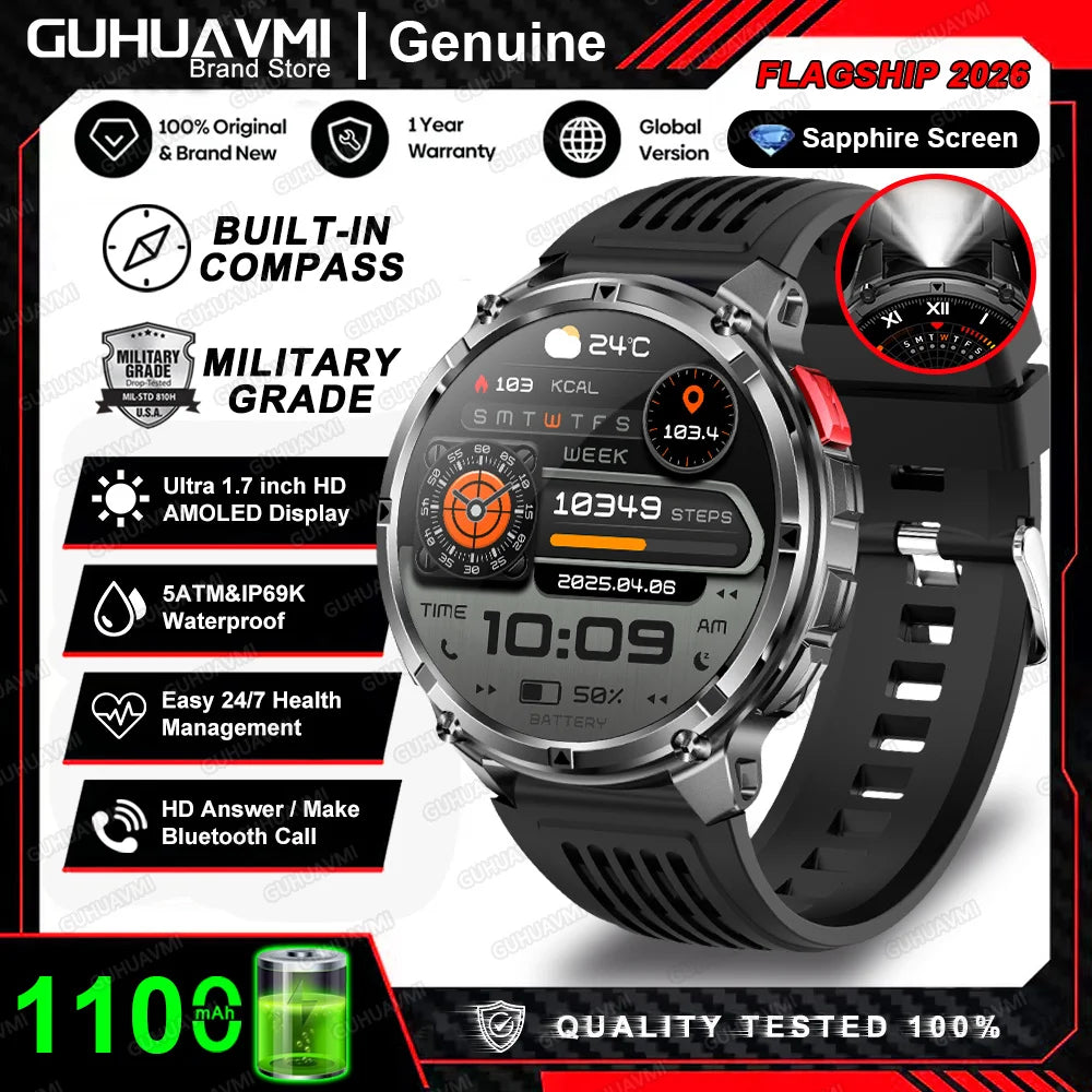 2026 New 1100mah AMOLED Smart Watch Men 170+Sport Fitness LED Flashlight IP69 Waterproof Bluetooth call GPS track Smartwatch iOS
