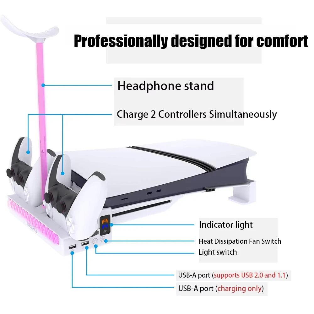 Horizontal Cooling Stand for PS5 Slim/Pro Disc Edition & Digital Edition RGB Light Controller Charger Dock Headset Holder