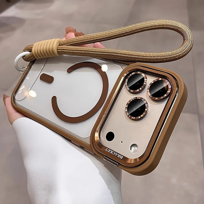 Camera Bracket Acrylic Magnetic Phone Case for IPhone 17 Air 17 16 15 14 Plus 13 12 11 Pro Max  with Wrist Strap Lens Film Cover