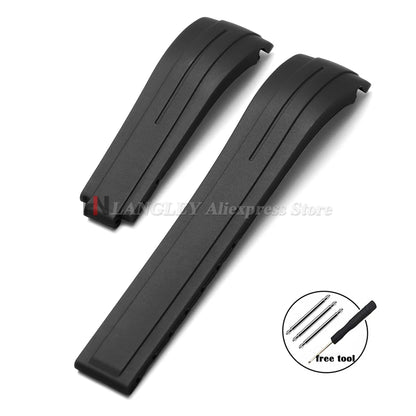 Curved Rubber Watch Bracelet 20mm 21mm 22mm for Rolex Green Water Ghost for Oysterflex Waterproof Silicone Folding Buckle Straps