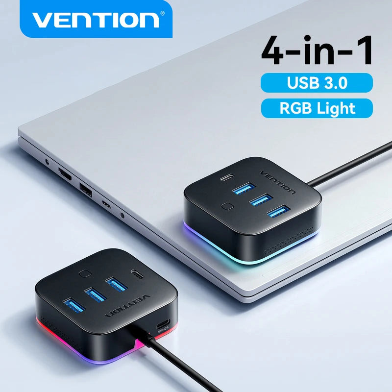 Vention USB A 3.0 HUB RGB Light Switch USB C 3.2 Gen1 5Gbps Desktop Hub Adapter for PC Laptop Accessories USB Splitter Extender