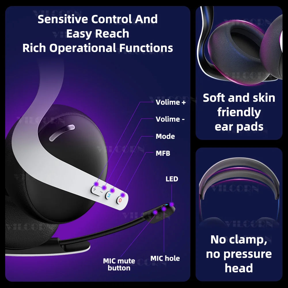 【2.4 GHz】Wireless Gaming Headset for PS5 PS4 PC Mac, BT Headphones with Retractable Microphone, 40mm Voice Coil, 50H Playtime