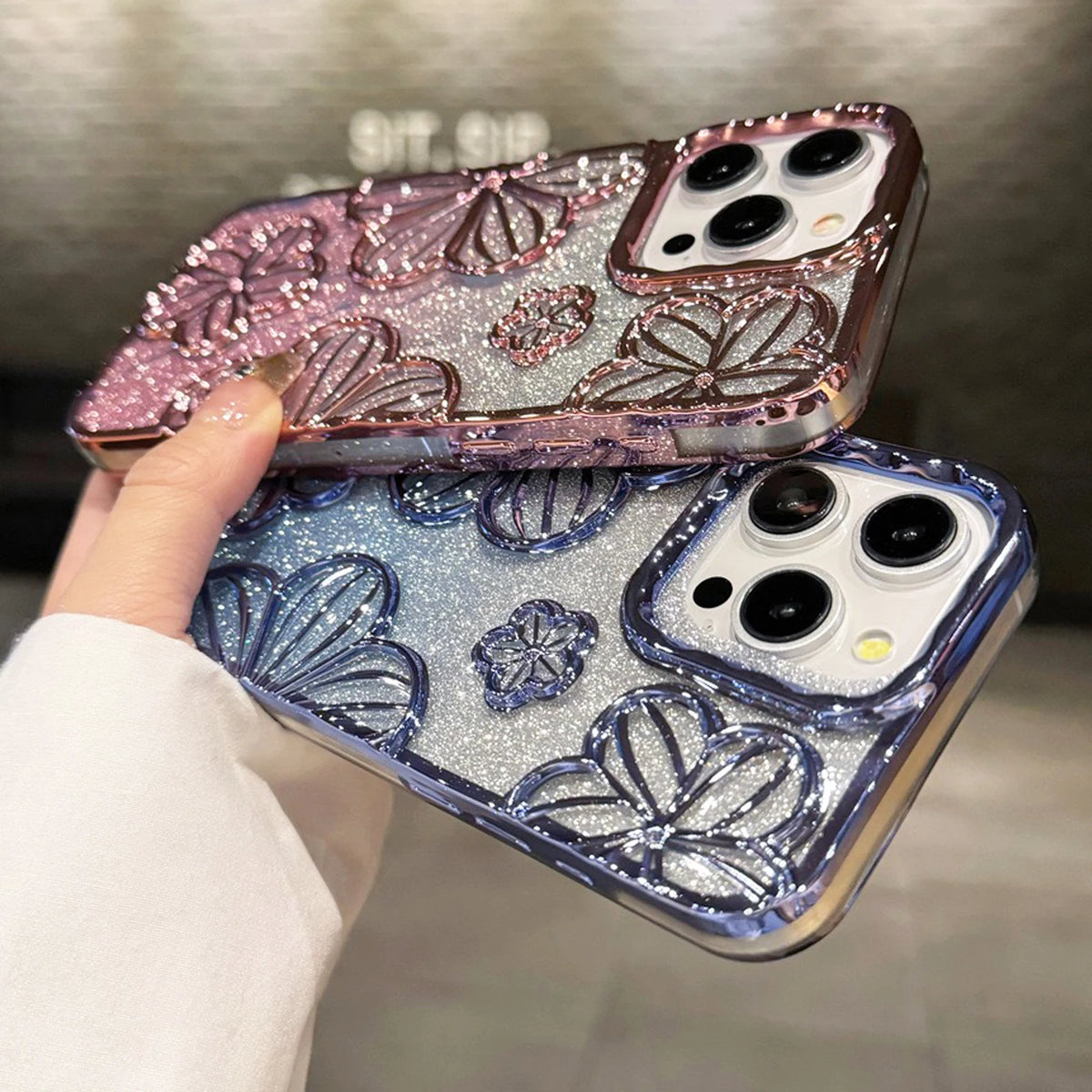 Glitter Plating Retro Leaking 3D Oil Painting Flower Anti-fall Phone Case for iPhone 11 12 13 14 15 16 17 Pro Max Back Cover