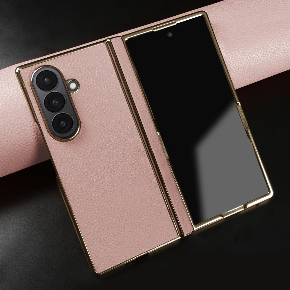 Lychee Genuine Leather Case For Samsung Galaxy Z Fold 8 6 5 4 Fold8 Ultra 8wide Fold7 Fold5 Fold6 Phone Cases Cover Funda Coque