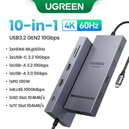UGREEN USB C HUB 10-in-1 4K60Hz HDMI USB3.2 10Gbps PD100W RJ45 USB Splitter Dock for Laptop MacBook iPad Phone Docking Station