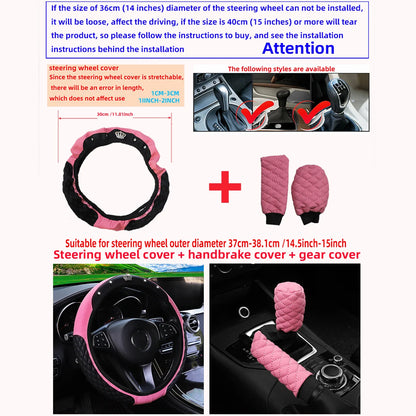 3Pcs PU Leather Crown Diamond Inlays Steering Wheel Cover Gear Shift Cover Handbrake Cover for Cars without Inner Ring