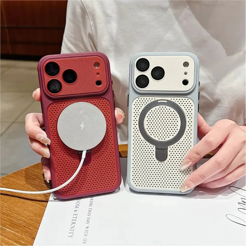 Luxury Heat Dissipation Cooling Mesh Hole Case for iPhone 17 16 15 14 Plus 13 Pro Max For Magsafe Stand Holder Armor Cover
