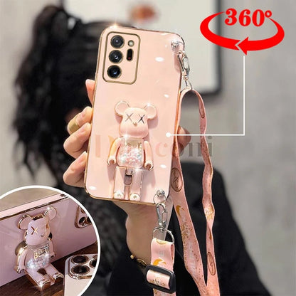 Cartoon Bear Lanyard Plating Phone Stereoscopic Holder Case For Samsung Galaxy Note 20 Ultra Note 10 Lite 8 9 M30S M42 M54 Cover