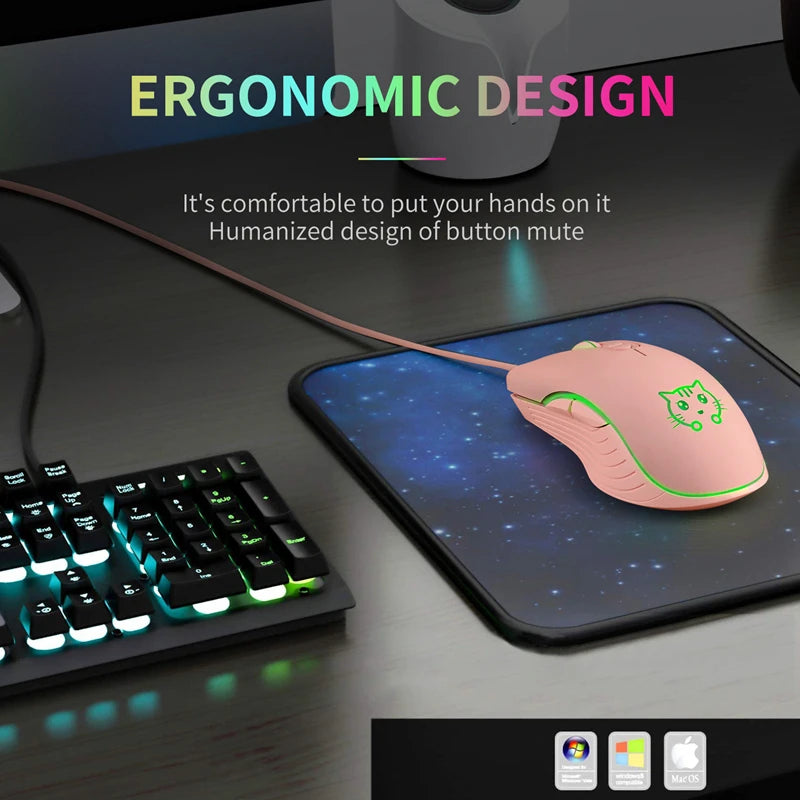 Lenovo Wired USB Gaming MouseGaming Mouse Purple Cat Mouse USB Mouse Ergonomic Mouse Braided Cable Gold-Plated USB Connector
