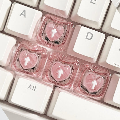 4pcs Transparent Cat Pink Keycaps Cute Custom RGB Backlit Heart-Shaped Keycaps for Girls—DIY Gaming Keyboard Keycaps