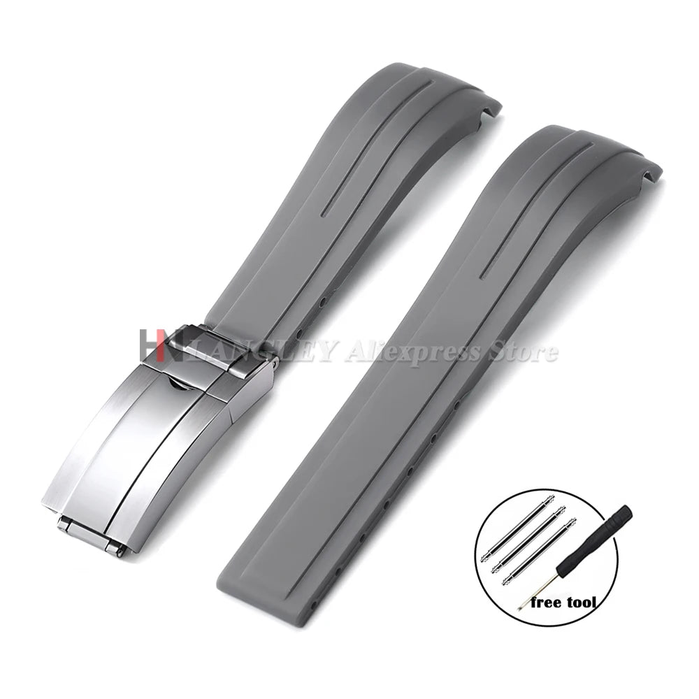 Curved Rubber Watch Bracelet 20mm 21mm 22mm for Rolex Green Water Ghost for Oysterflex Waterproof Silicone Folding Buckle Straps
