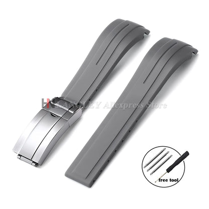 Curved Rubber Watch Bracelet 20mm 21mm 22mm for Rolex Green Water Ghost for Oysterflex Waterproof Silicone Folding Buckle Straps